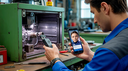 Tecnico usa un assistente AI su smartphone per manutenzione industriale e supporto in tempo reale.