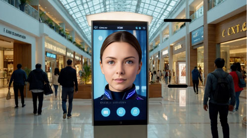 Totem digitale con assistente AI interattivo in un centro commerciale, usato per supporto clienti e customer experience.