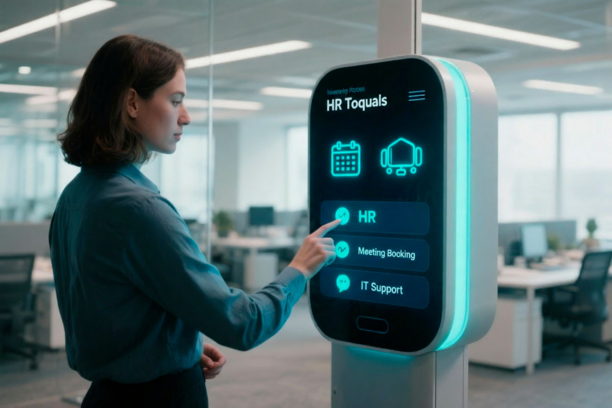 Utente interagisce con assistente AI olografico che propone opzioni: supporto tecnico, reclamo, contatto con operatore.