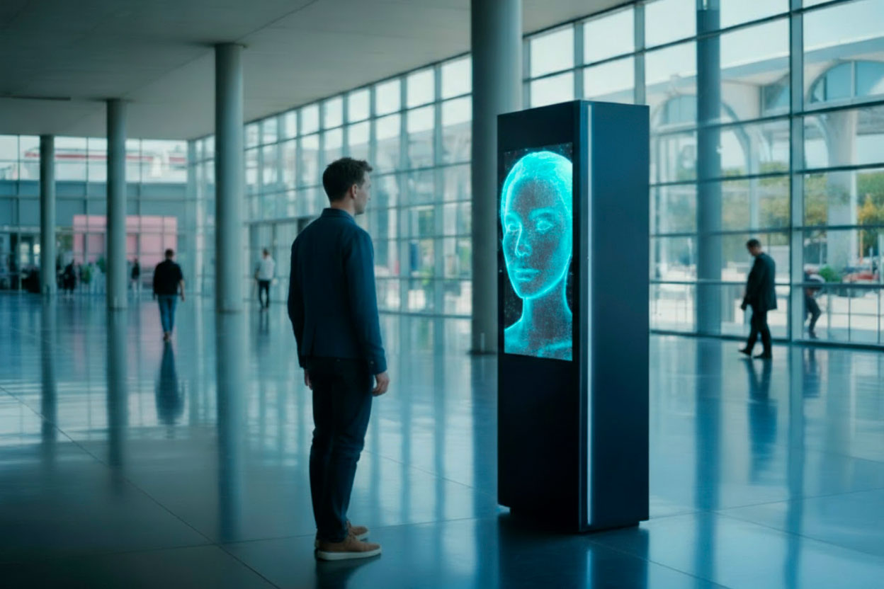 Cliente guarda lo smartphone con assistente AI che aggiorna sulla spedizione, icone digitali di pacco, camion e geolocalizzazione.