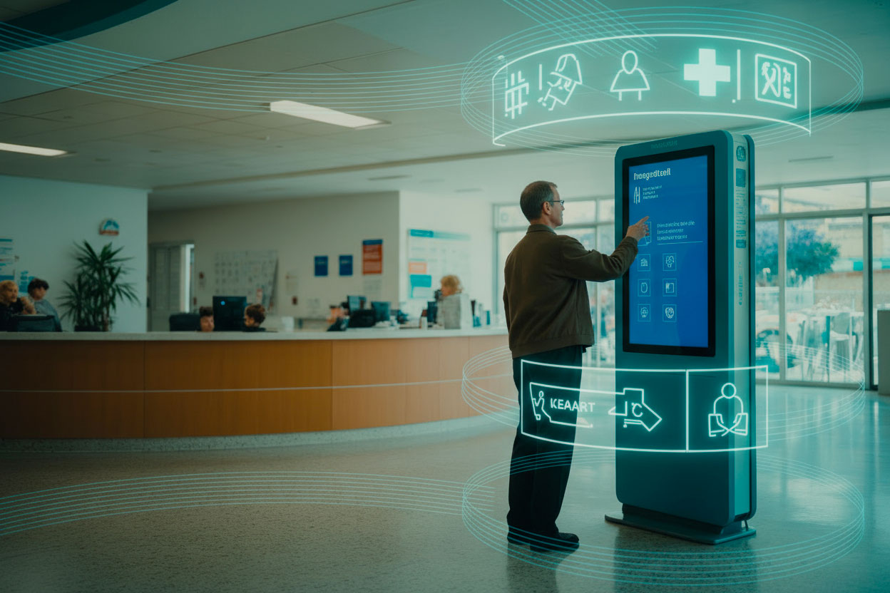 Cliente usa smartphone con interfaccia AI e icone digitali per assistenza tecnica, ordini, chat e post-vendita.