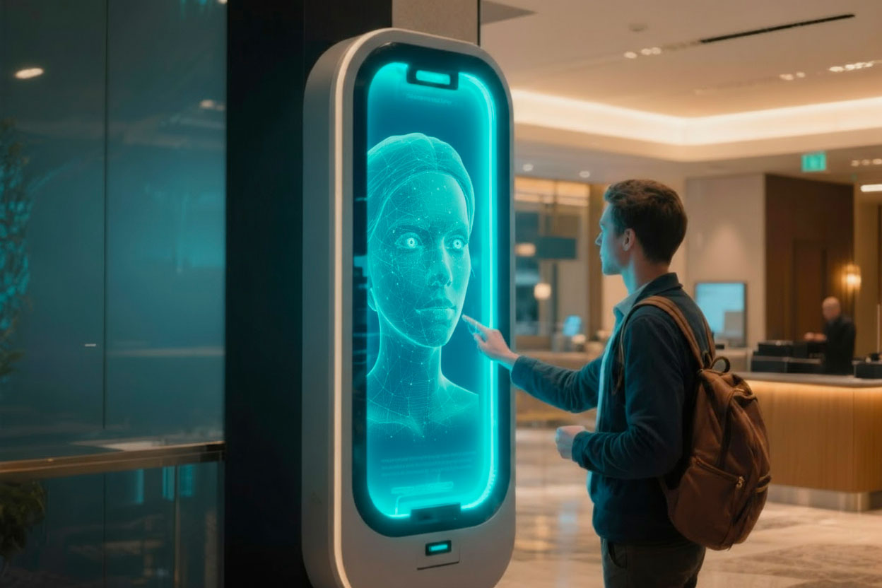 Utente interagisce con assistente AI olografico che propone opzioni: supporto tecnico, reclamo, contatto con operatore.