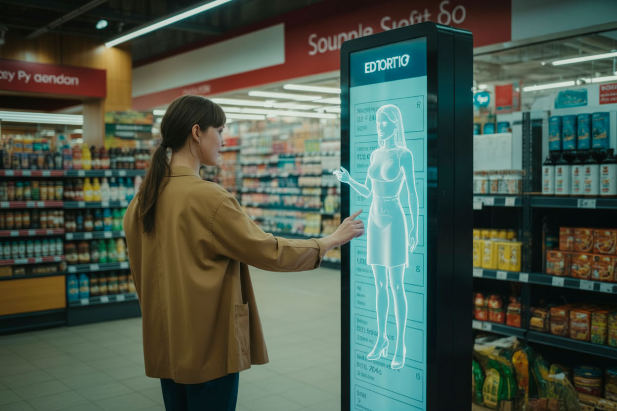 Cliente guarda lo smartphone con assistente AI che aggiorna sulla spedizione, icone digitali di pacco, camion e geolocalizzazione.