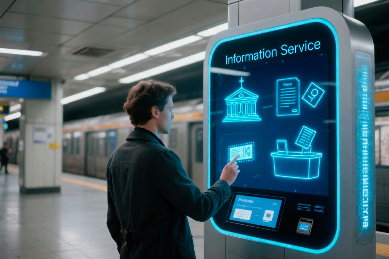 Cliente usa smartphone con interfaccia AI e icone digitali per assistenza tecnica, ordini, chat e post-vendita.