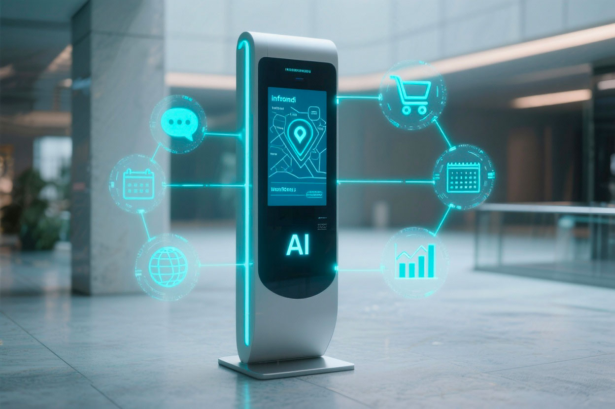 Totem AI connesso a icone digitali che rappresentano info point, carrello, prenotazioni, mappe, multilingua e analytics.