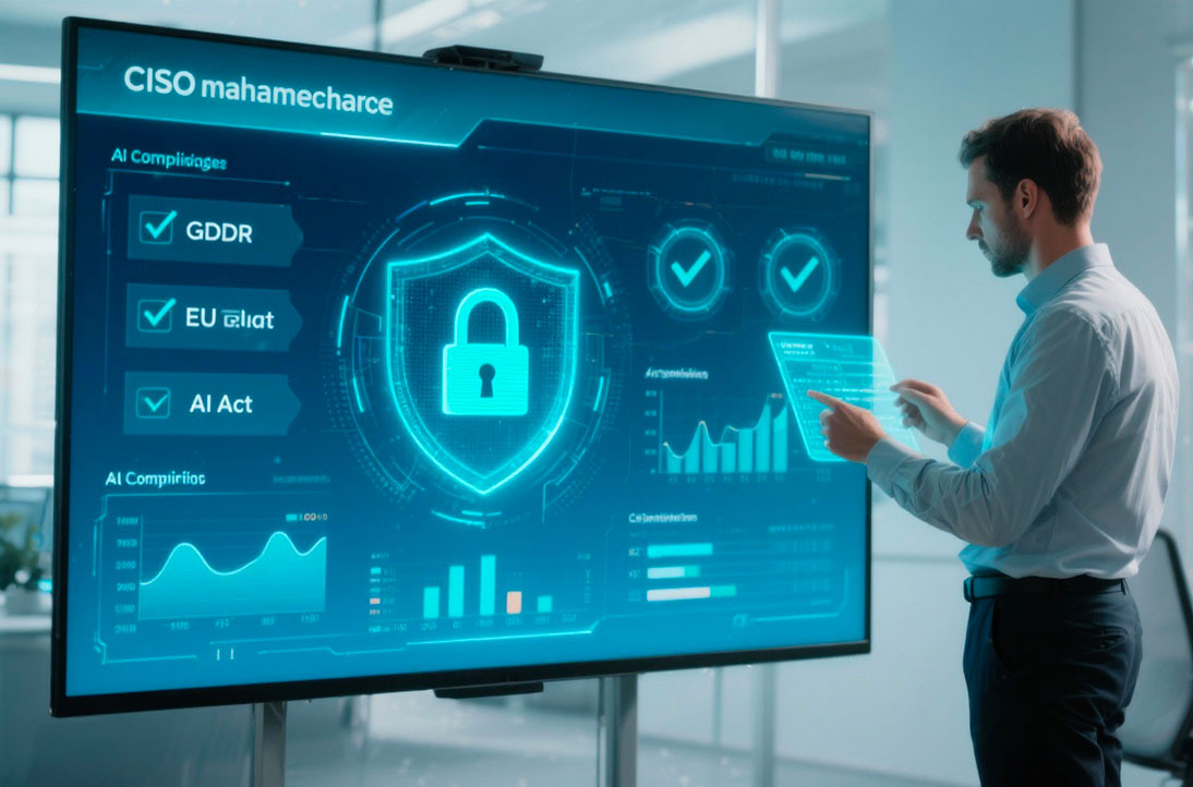 AI sicura e conforme: governance e compliance per GDPR e AI Act CISO controlla dashboard AI con scudo di sicurezza e indicatori di compliance GDPR e AI Act.
