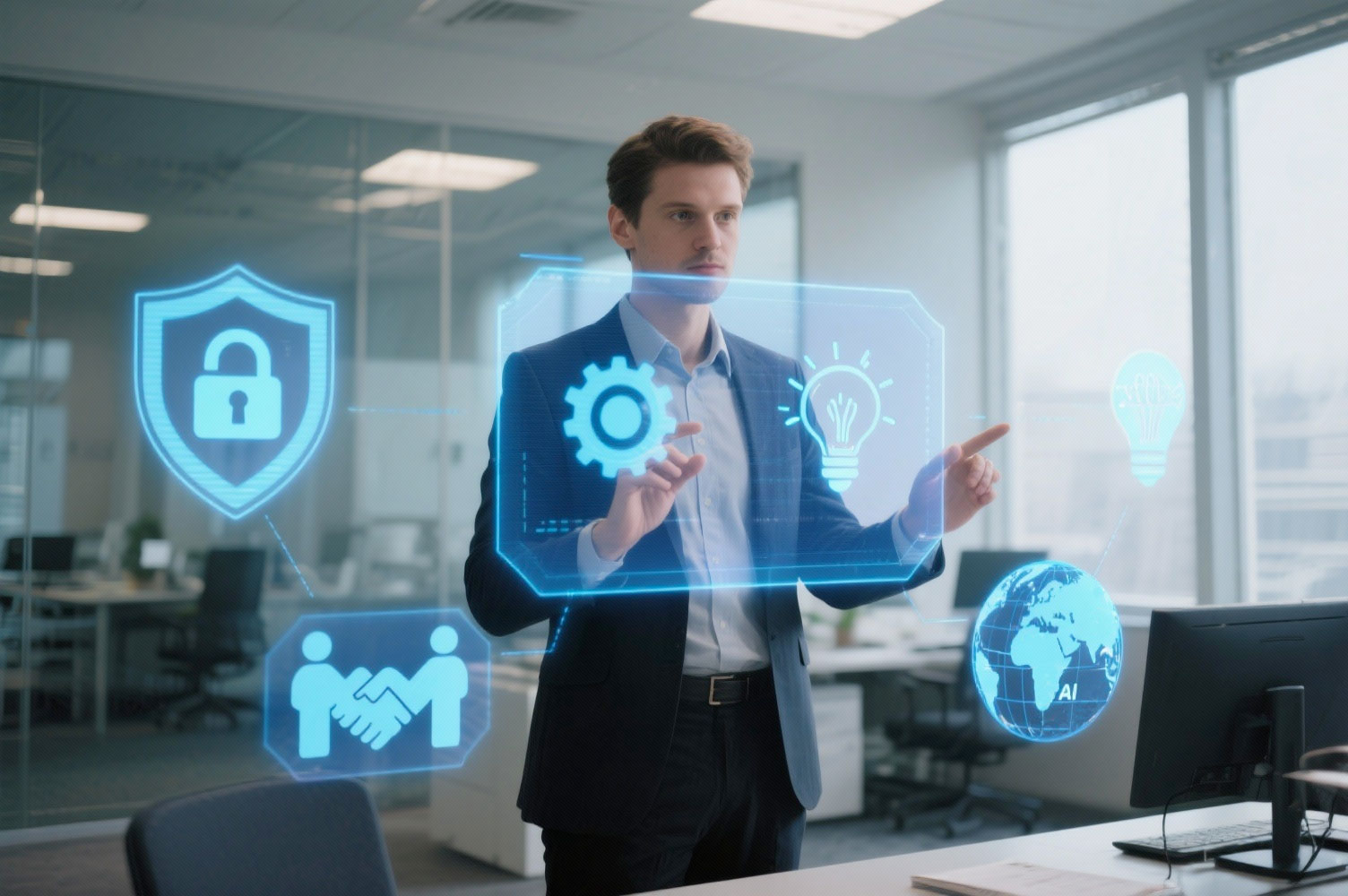 Professionista con pannelli olografici che mostrano sicurezza, innovazione, collaborazione e multilingua: i valori di Archetype.
