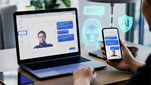 Utente utilizza Assistante AI su PC e smartphone con interfaccia chatbot AI e icone digitali di sicurezza.