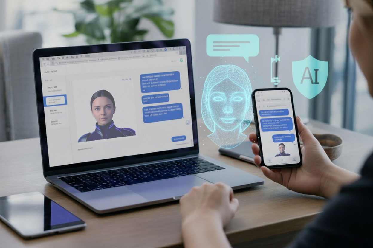 Assistente AI per PC e Mobile Utente utilizza Assistante AI su PC e smartphone con interfaccia chatbot AI e icone digitali di sicurezza.