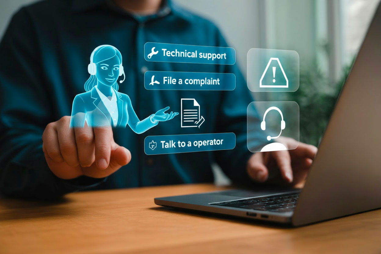 Utente interagisce con assistente AI olografico che propone opzioni: supporto tecnico, reclamo, contatto con operatore.