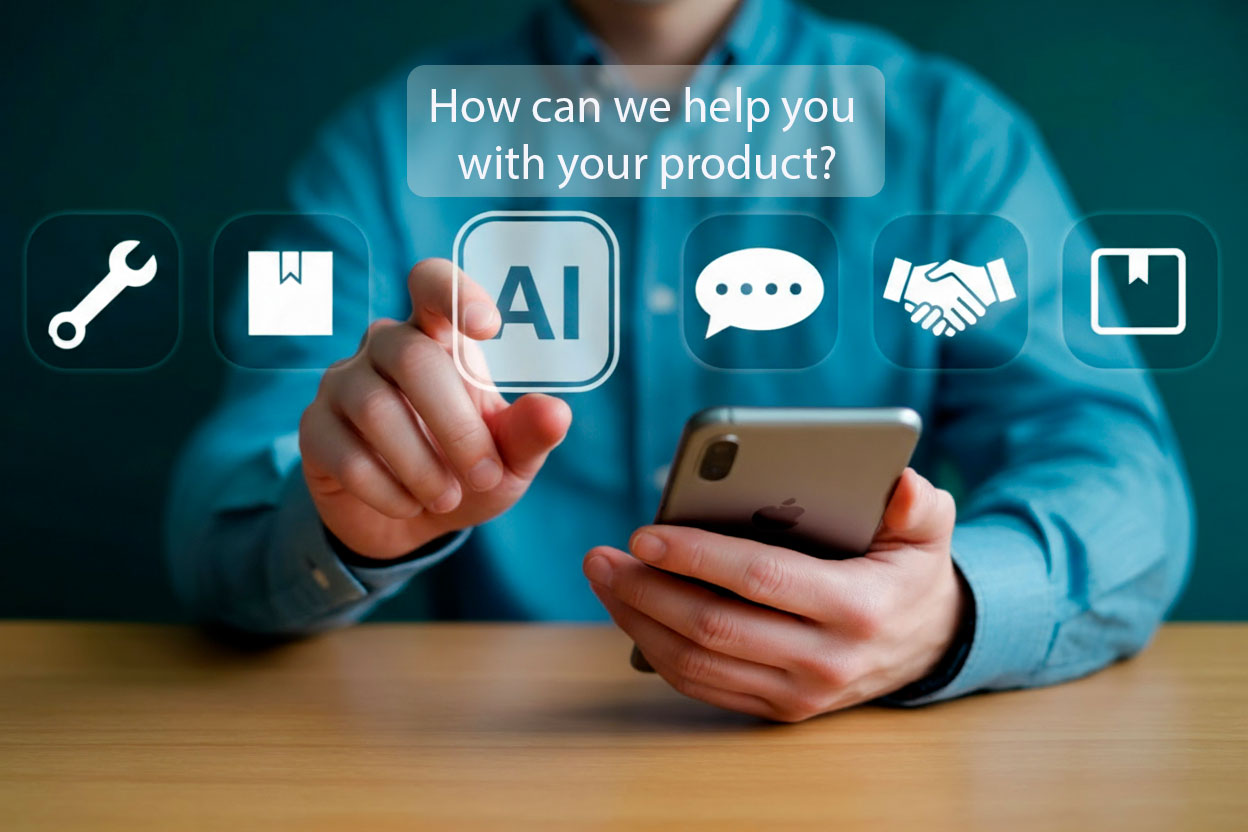 Cliente usa smartphone con interfaccia AI e icone digitali per assistenza tecnica, ordini, chat e post-vendita.