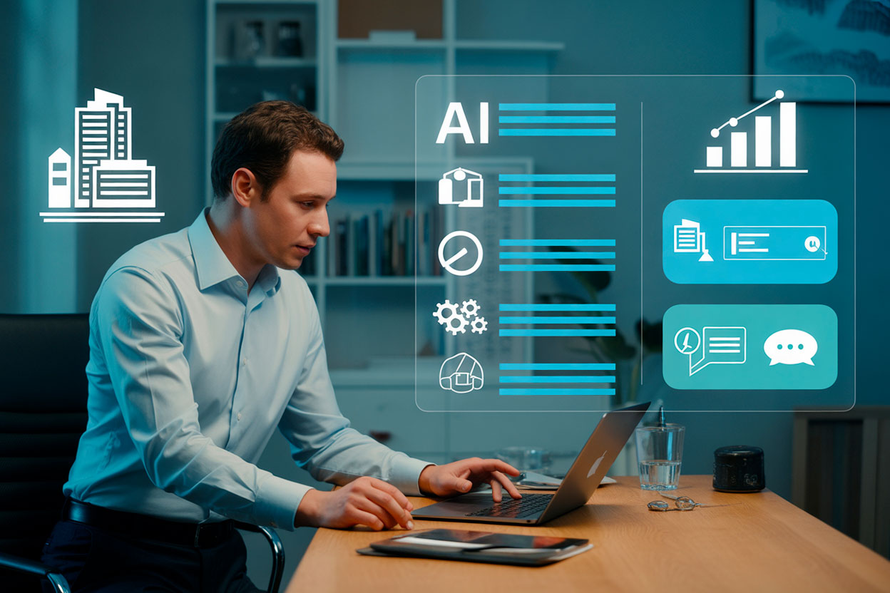 Manager utilizza laptop con interfaccia AI olografica per attività di pre-vendita: comparazione, analisi e consulenza.