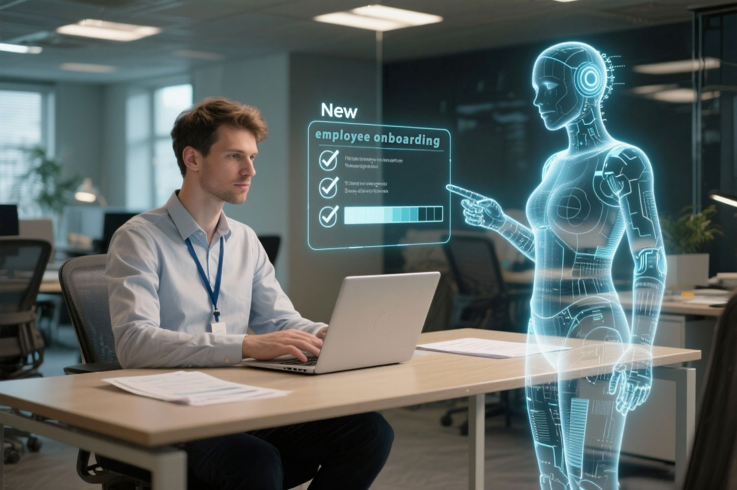 Nuovo dipendente in ufficio assistito da avatar AI olografico con checklist digitali per l’onboarding.