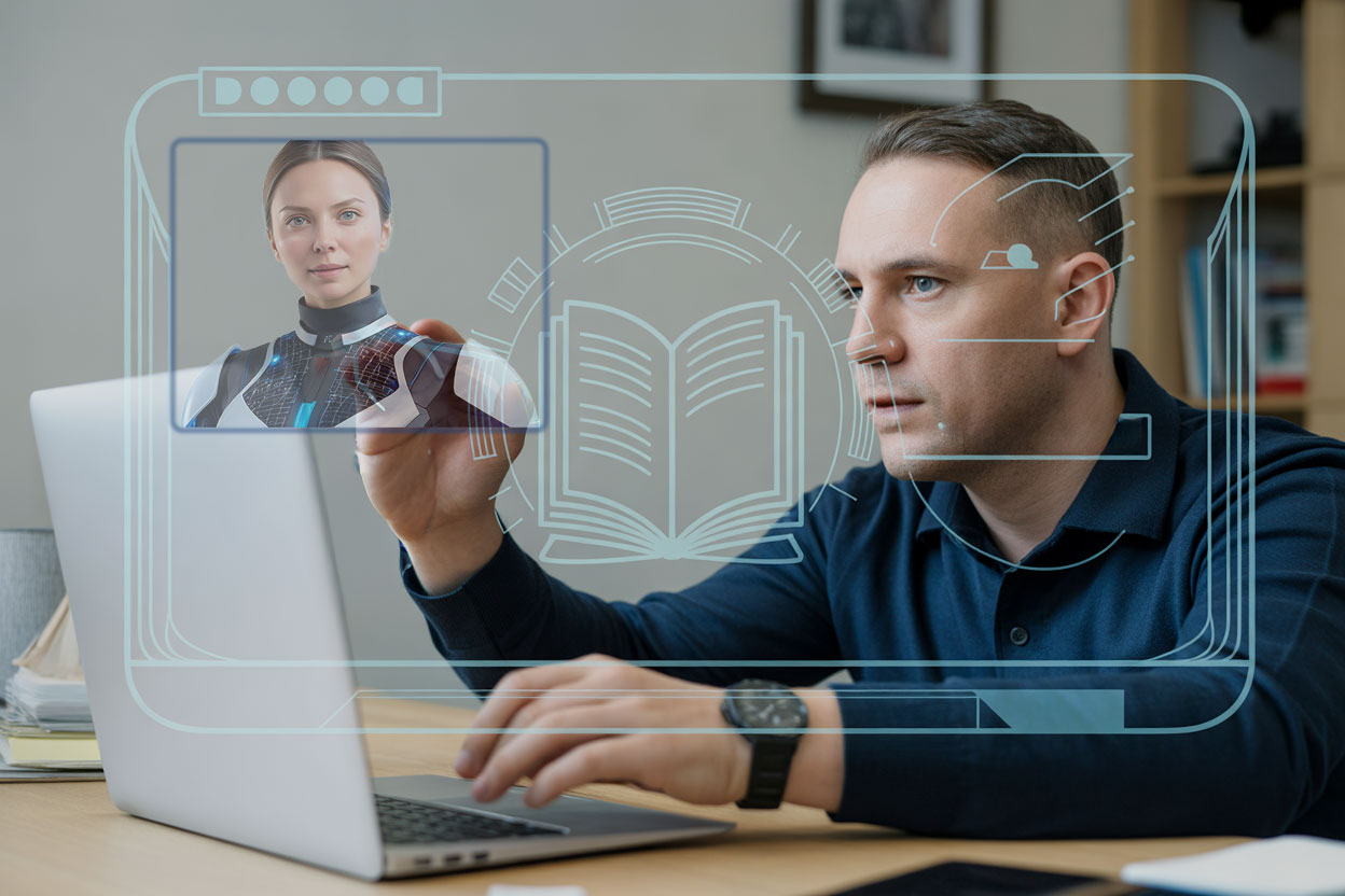 Uomo al laptop che interagisce con un avatar AI umanoide proiettato come formatore digitale, rappresentazione del supporto AI alla formazione personalizzata.