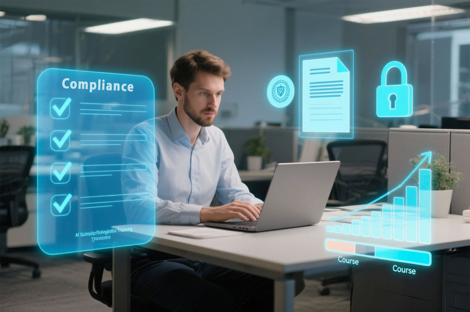 Dipendente in ufficio segue training regolamentato con AI e checklist digitali di conformità.