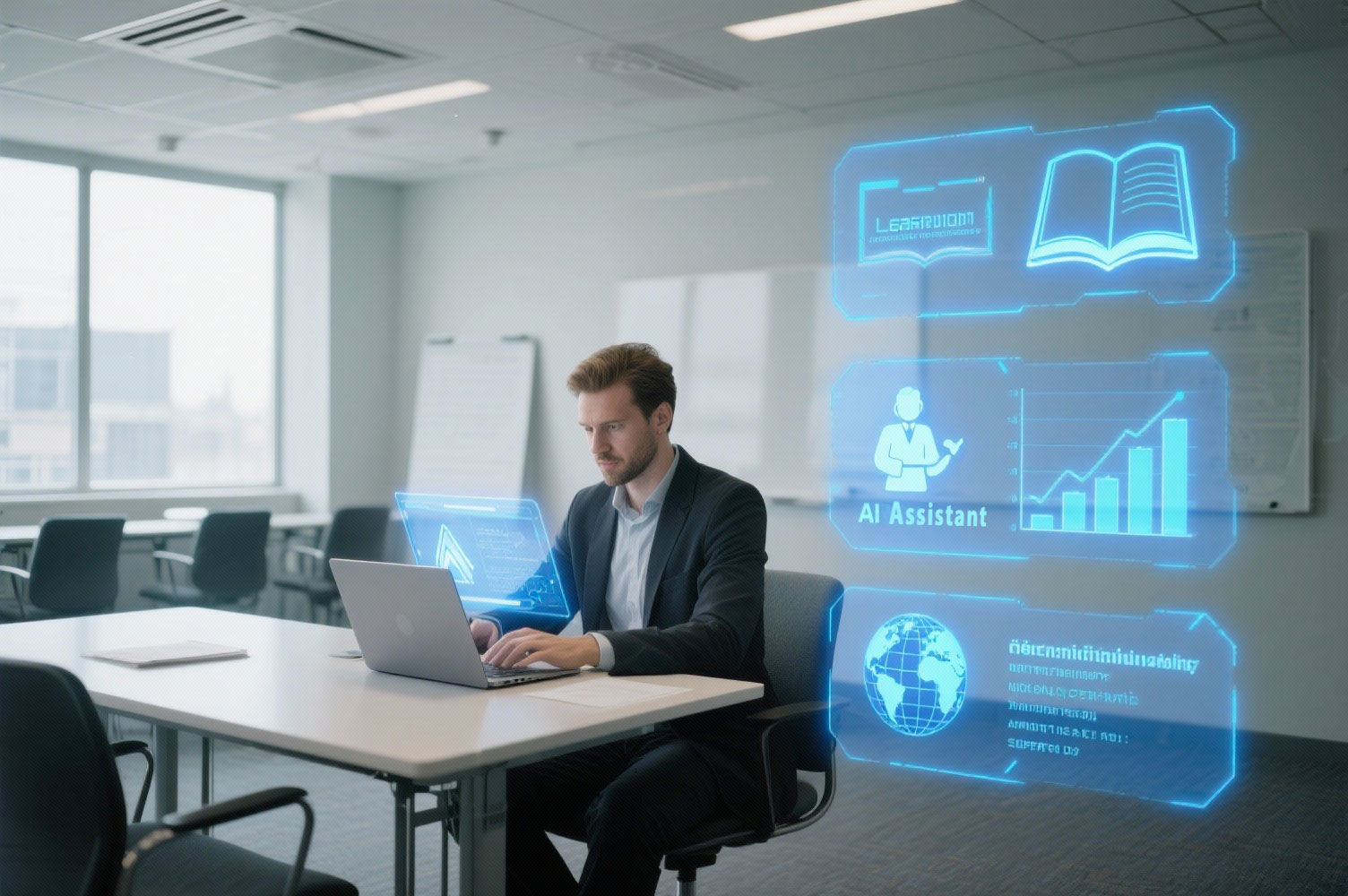 Professionista segue un corso al laptop con overlay AI che mostrano contenuti, supporto docente, progressi e multilingua.