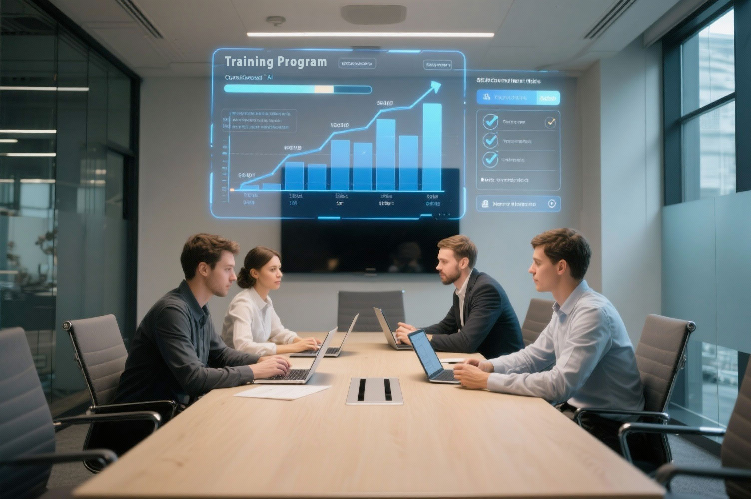 Team aziendale in formazione continua con AI e pannelli digitali interattivi.