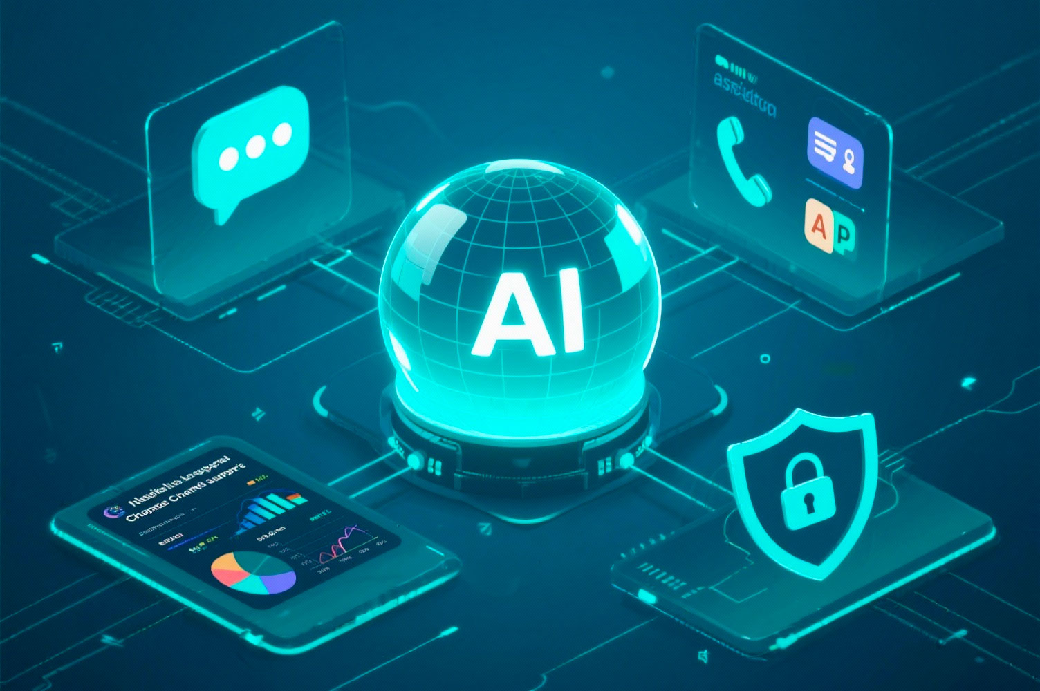 Sfera AI centrale collegata a pannelli che rappresentano chat, multicanalità, analytics e sicurezza.