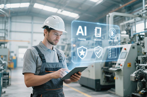 Tecnico manifatturiero con tablet e overlay AI per formazione, manuali digitali e sicurezza in fabbrica.