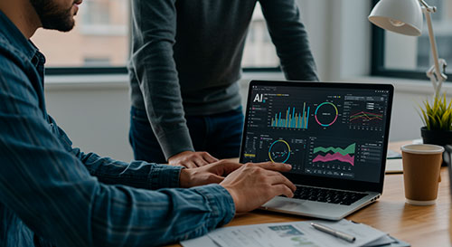 Professionista IT al computer con dashboard AI e strumenti tecnici per partner.