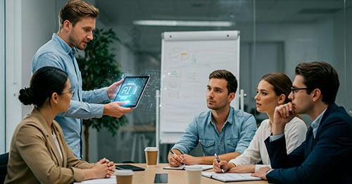 Formatore mostra soluzioni AI su tablet durante corso di formazione per partner.