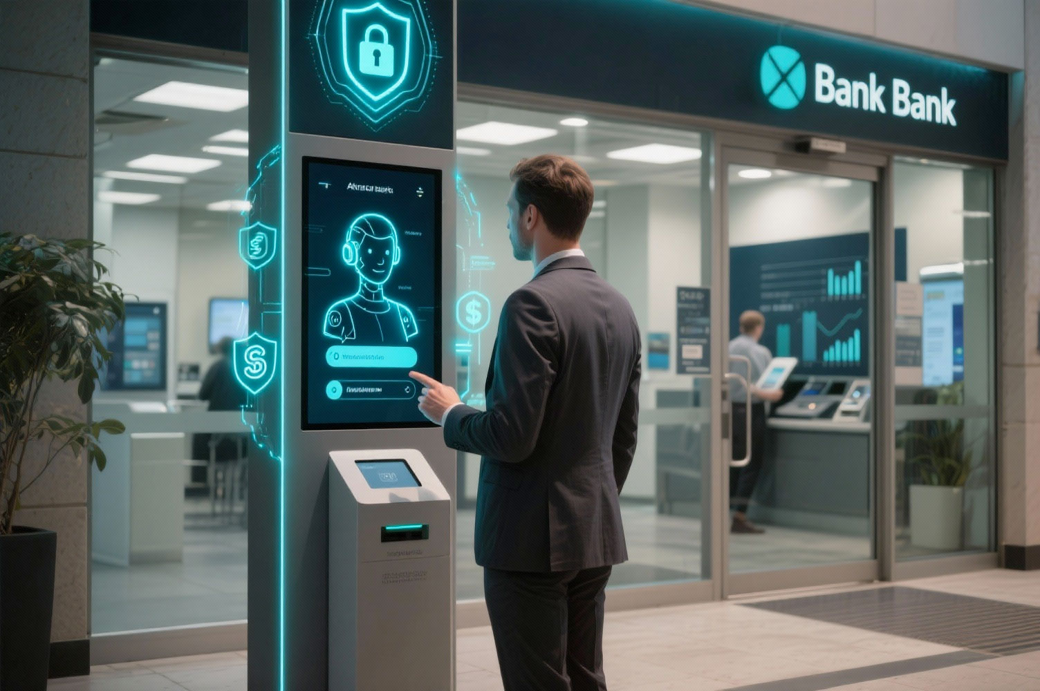 Totem digitale con assistente AI in una filiale bancaria, usato da un cliente per ricevere supporto e orientamento ai servizi in modo sicuro.