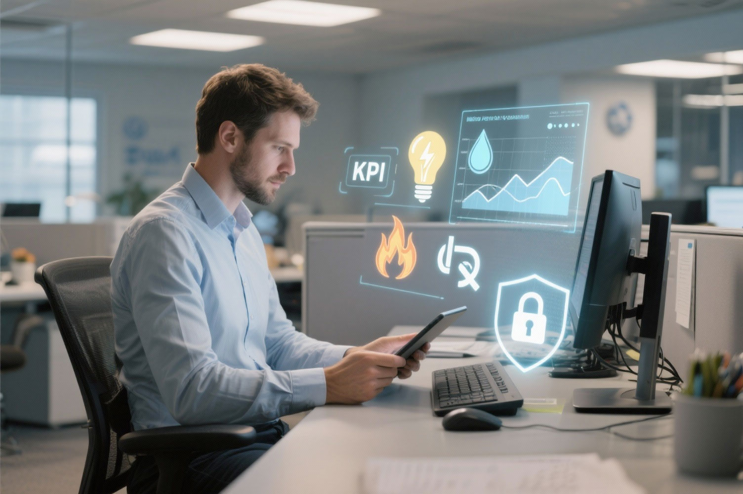 Operatore di un’azienda Utilities utilizza un tablet con overlay AI che mostrano consumi, bollette e dati di sicurezza.