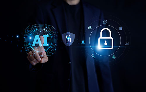 Professionista che interagisce con ologrammi AI e icone di sicurezza digitale, rappresentazione della protezione dei dati e della conformità normativa con Archetype.