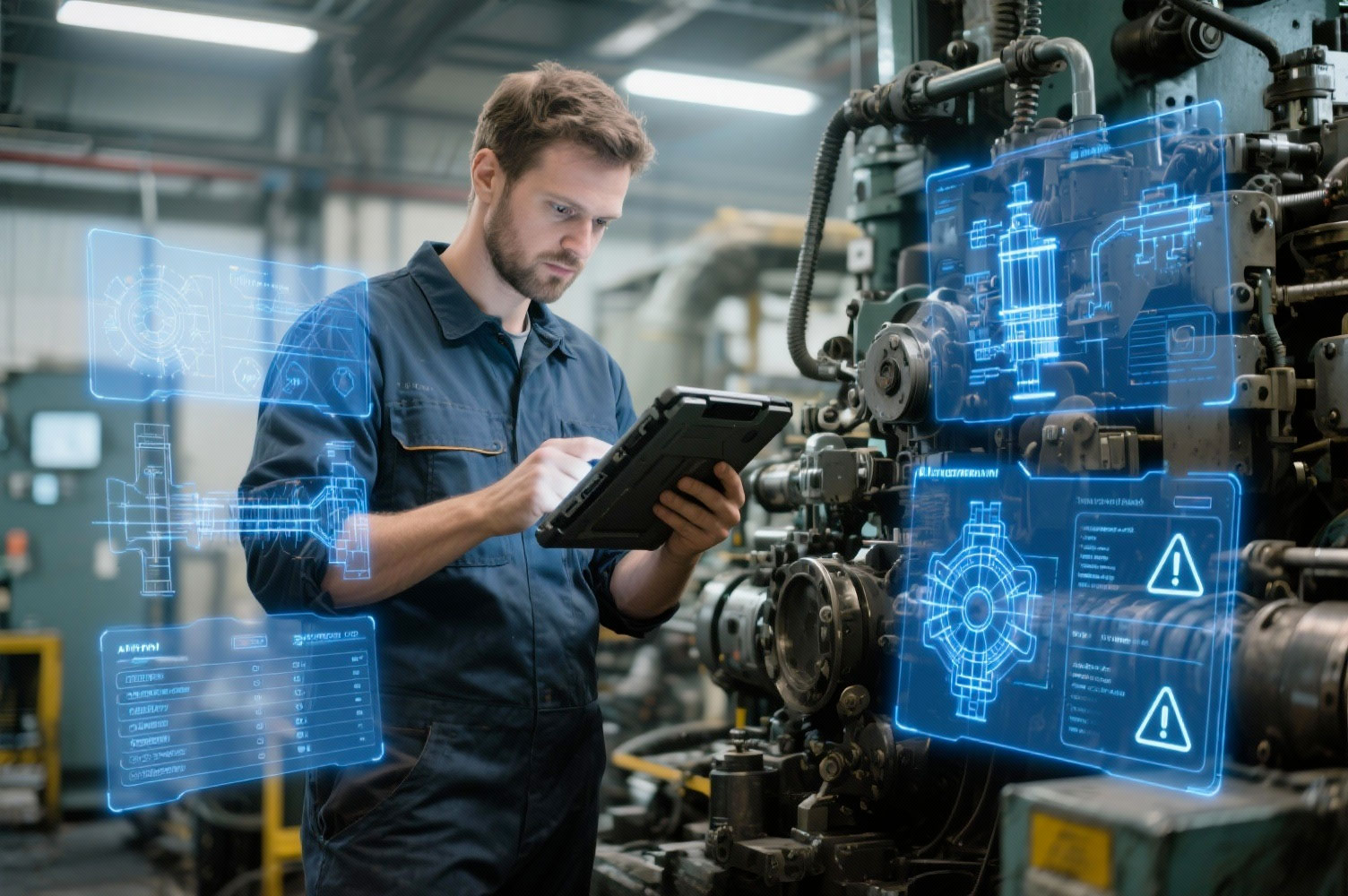 Tecnico in impianto industriale che riceve supporto AI tramite tablet con schemi e checklist digitali.
