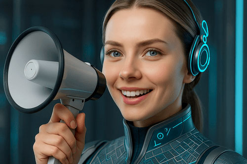 Avatar AI femminile con cuffie digitali e megafono, rappresentazione del tone of voice personalizzato e coerente garantito da Archetype.