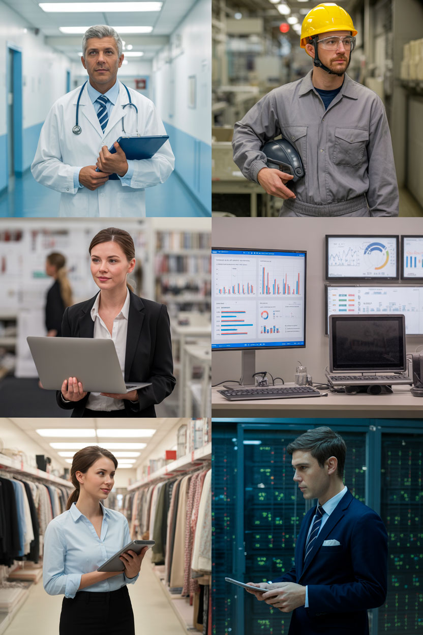 Collage di professionisti che rappresentano i settori sanità, industria, finanza, retail e IT serviti da Archetype.