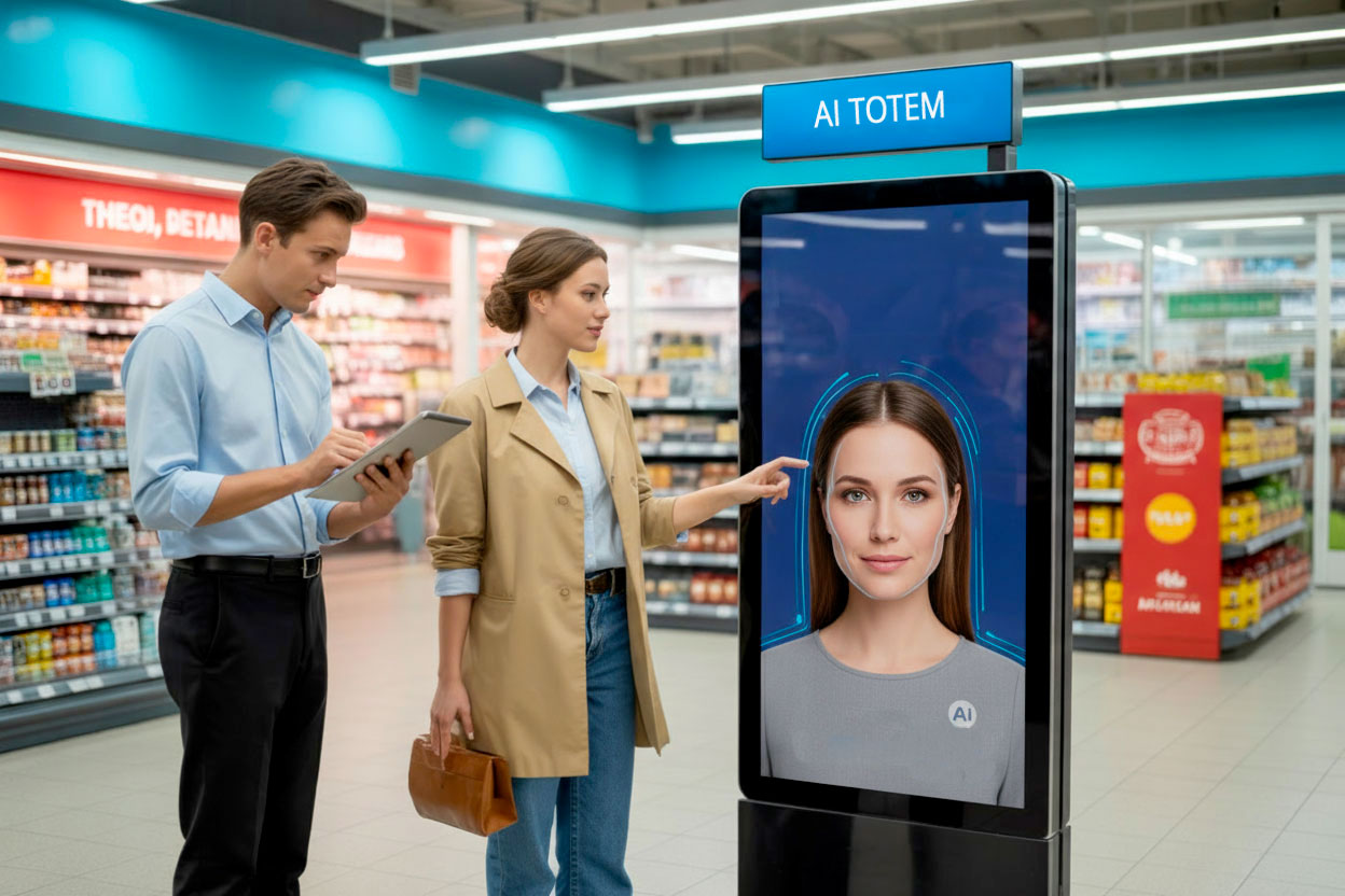 Clienti che utilizzano un totem digitale con assistente AI in un supermercato per un’esperienza di acquisto personalizzata.