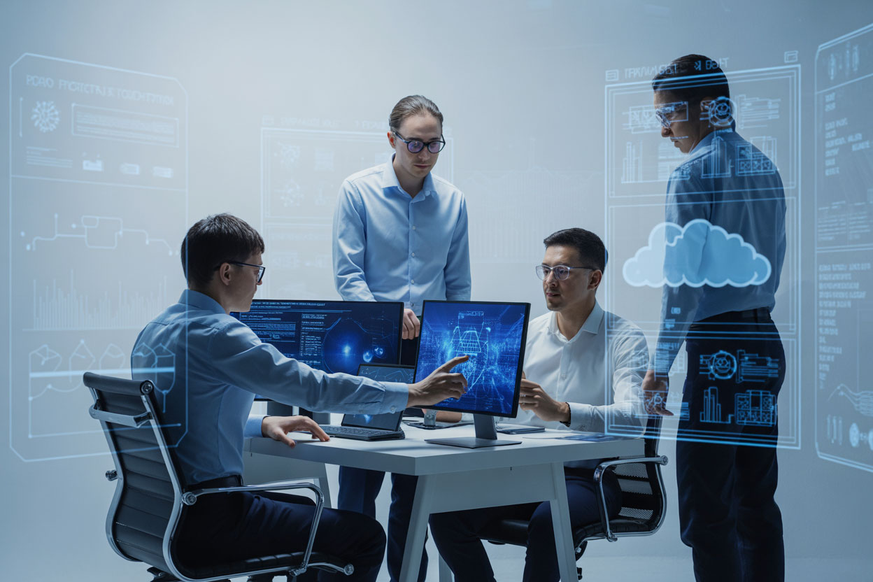 Team di analisti lavora su dashboard AI in un ambiente digitale sicuro, simbolo della missione di Archetype di trasformare la conoscenza aziendale in valore operativo.