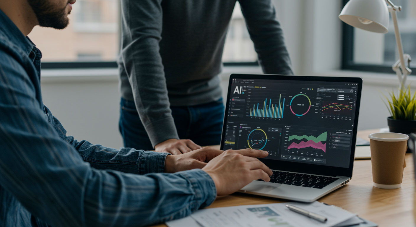 Due persone analizzano su un laptop le dashboard di performance di un sistema AI aziendale con grafici e indicatori di dati.