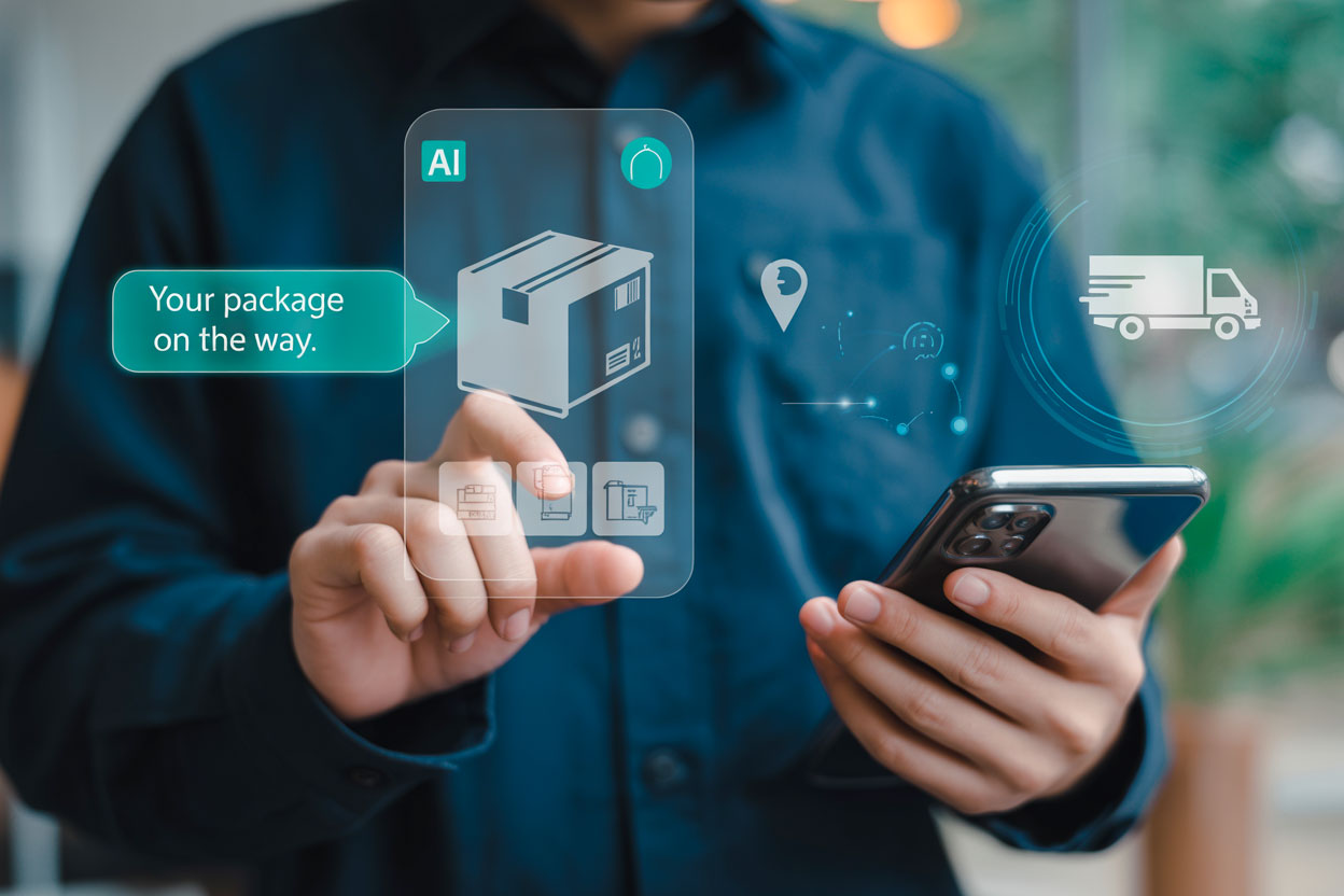 Cliente guarda lo smartphone con assistente AI che aggiorna sulla spedizione, icone digitali di pacco, camion e geolocalizzazione.