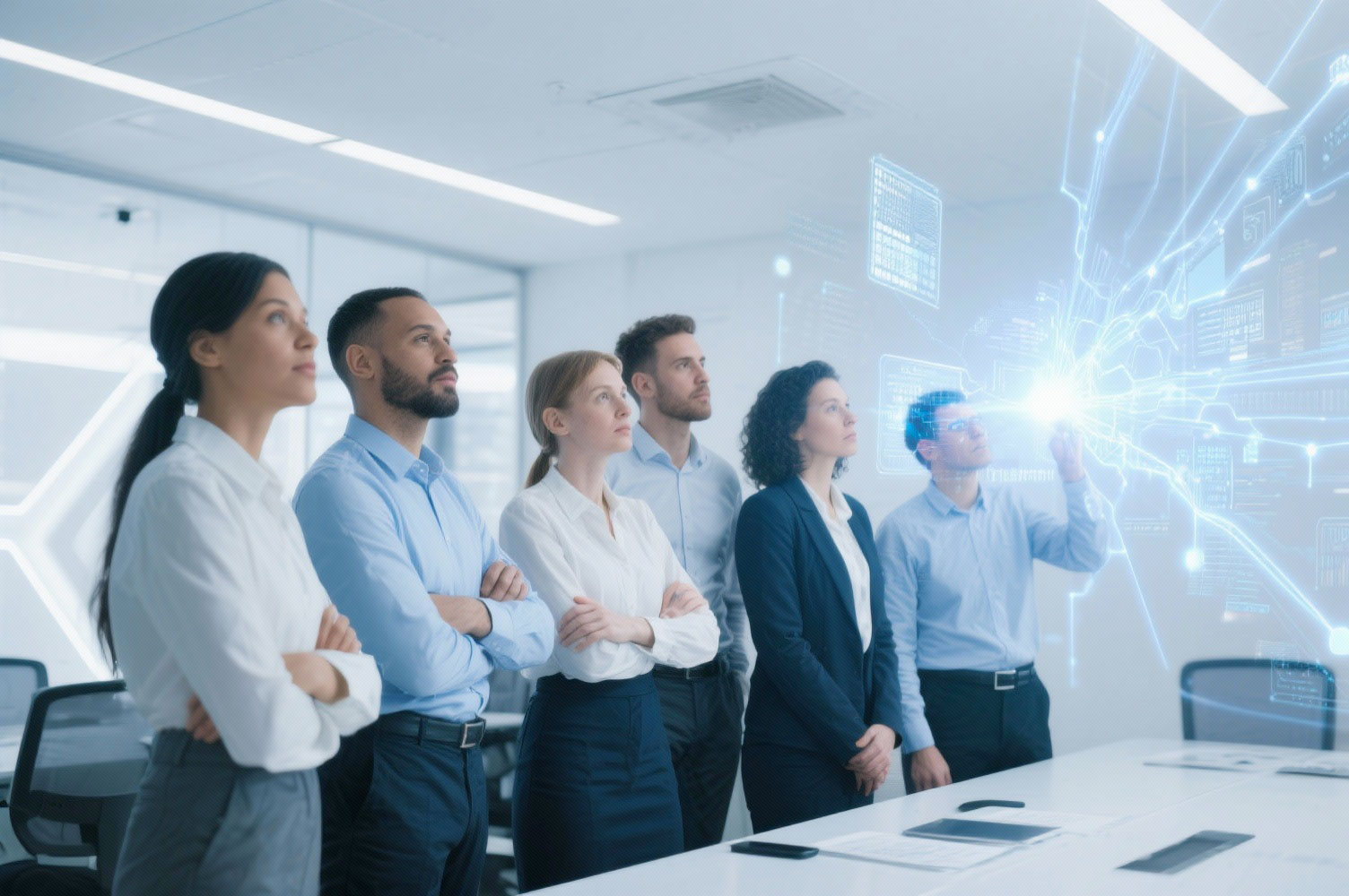 Gruppo di professionisti guarda un orizzonte digitale con flussi di dati e ologrammi, simbolo della visione di Archetype per un’AI sicura e trasparente.